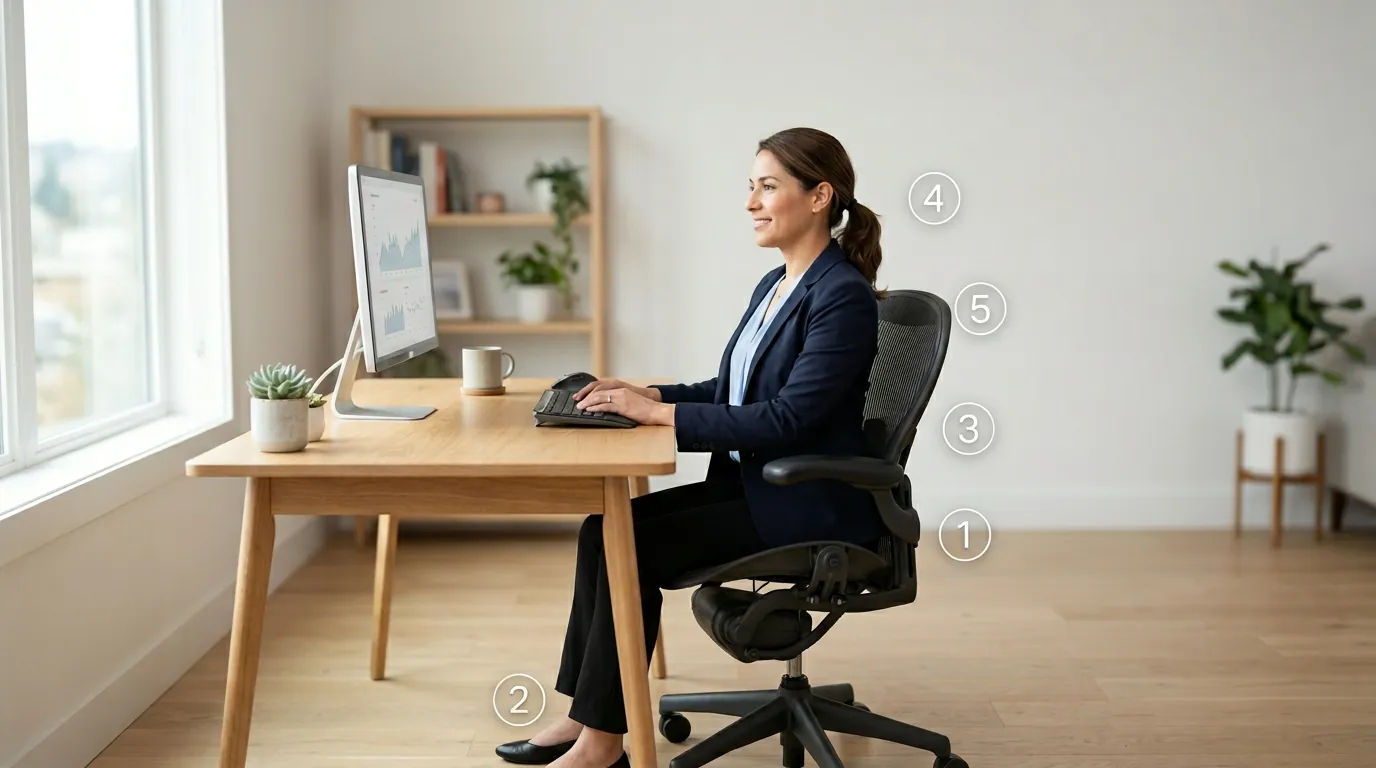 Woman sitting on a mesh office chair demonstrating proper seating posture.